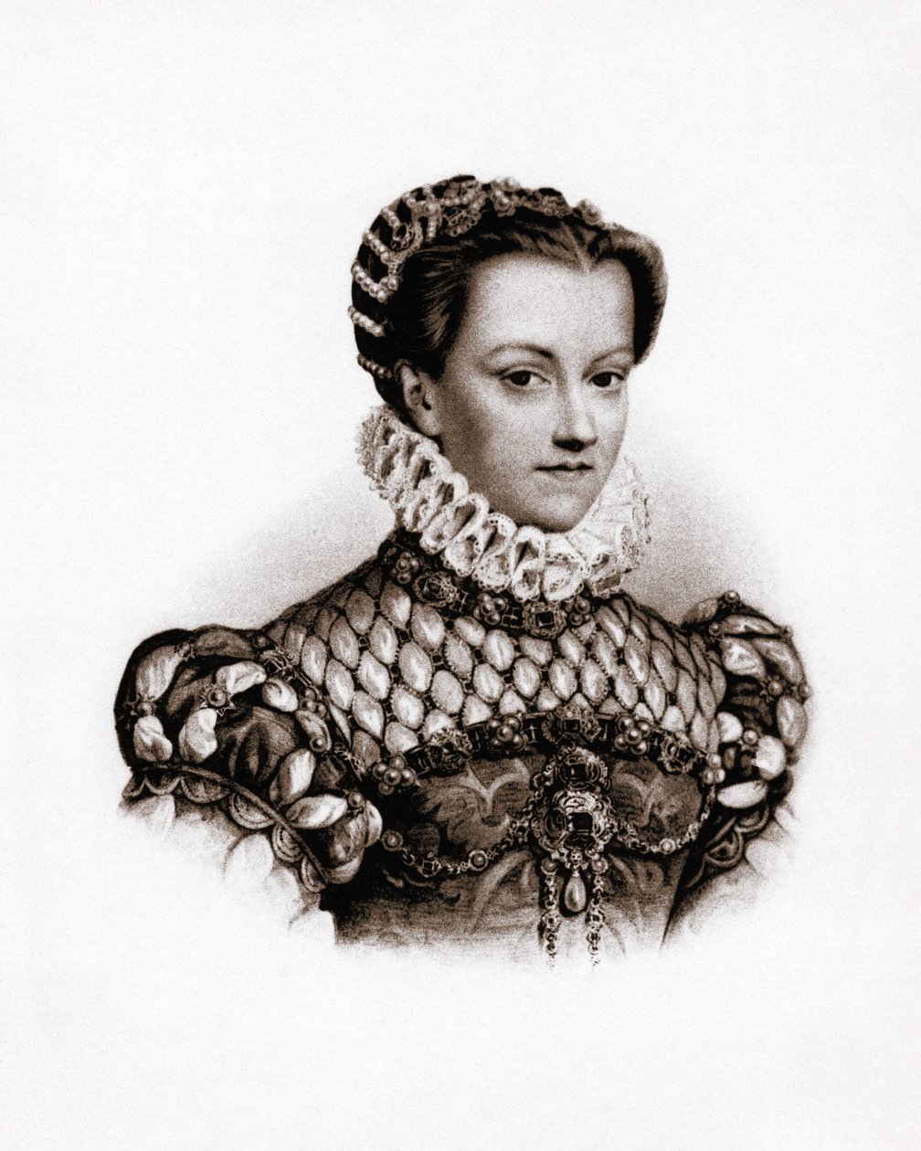 Muotokuva Ranskan kuningattaresta Elisabeth Itävallan kuningattaresta (1555-1592) 1800-luvun kaiverrus. tekijältä Unbekannter Künstler
