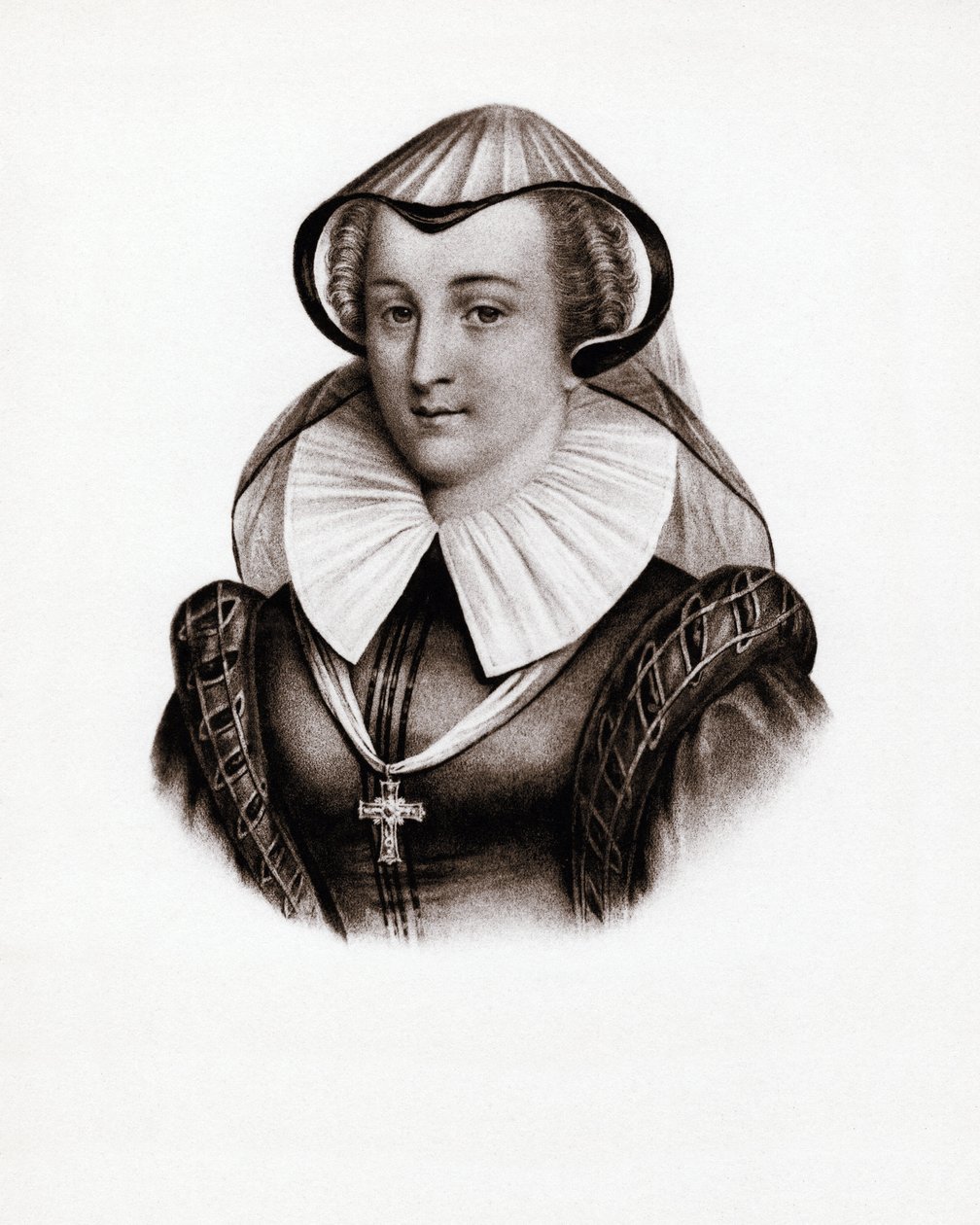 Muotokuva Ranskan kuningattaresta Marie Stuartista (Skotlannin Marie Iere) (1542-1587). 1800-luvun kaiverrus tekijältä Unbekannter Künstler