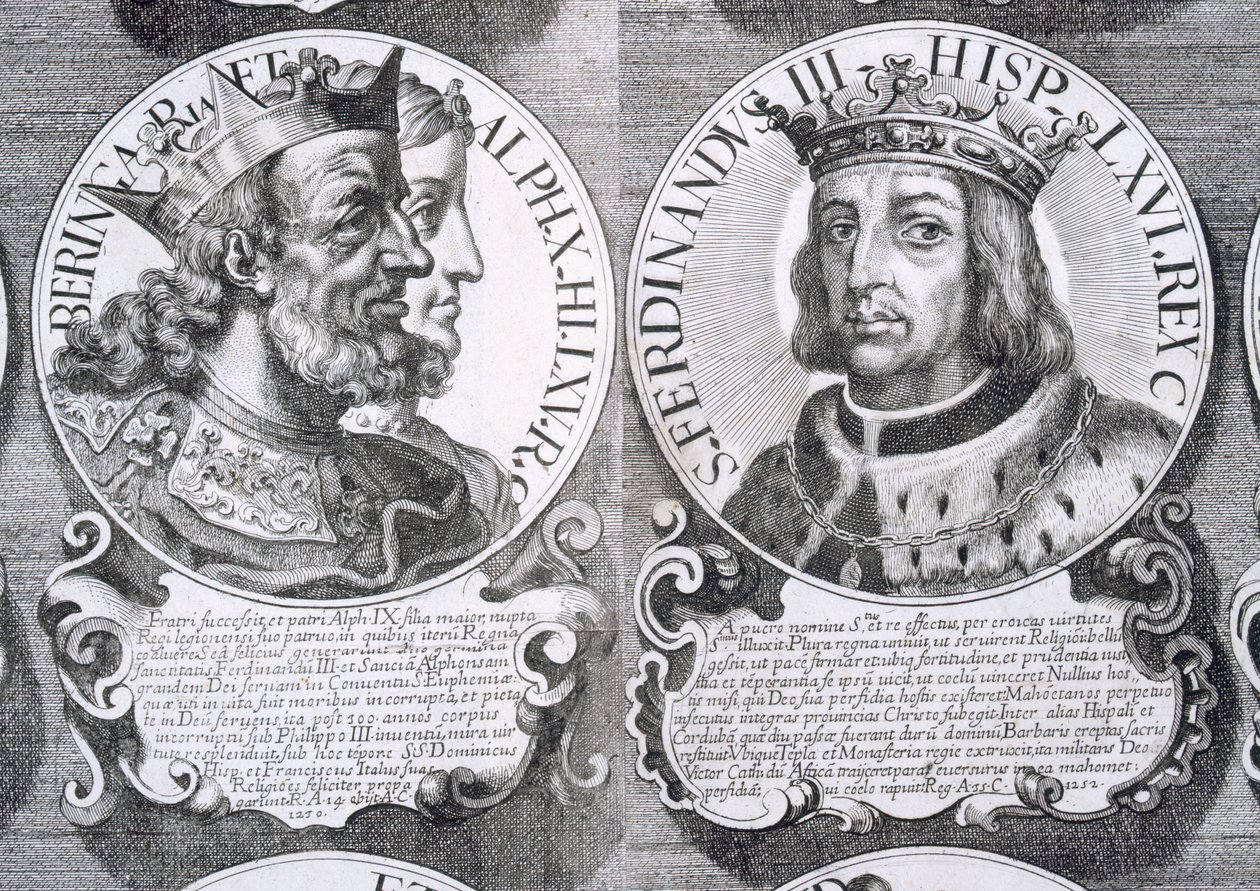 Kastilialaisen Berengarian ja Kastilialaisen Ferdinand III:n muotokuvia (litho) tekijältä Unbekannt