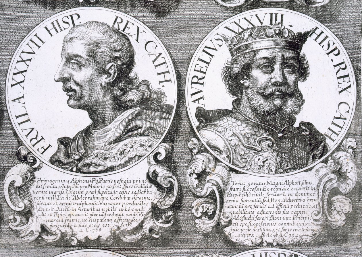 Fruela I:n ja Aurelius Asturialaisen muotokuvia (litho) tekijältä Unbekannt