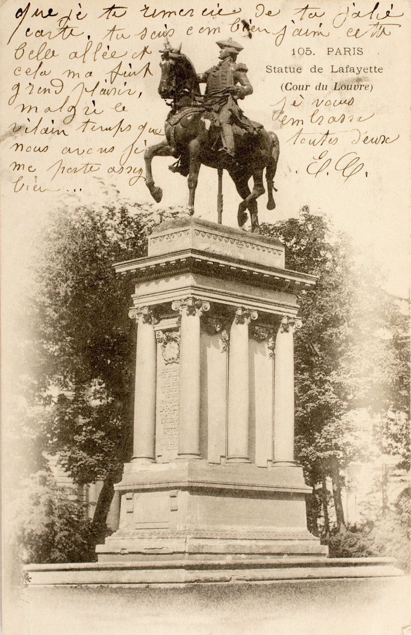 Postikortti/Lafayette-patsas/Louvren tuomioistuin/Pariisi/Seine/Ile de France/Ranska tekijältä William M. Timlin