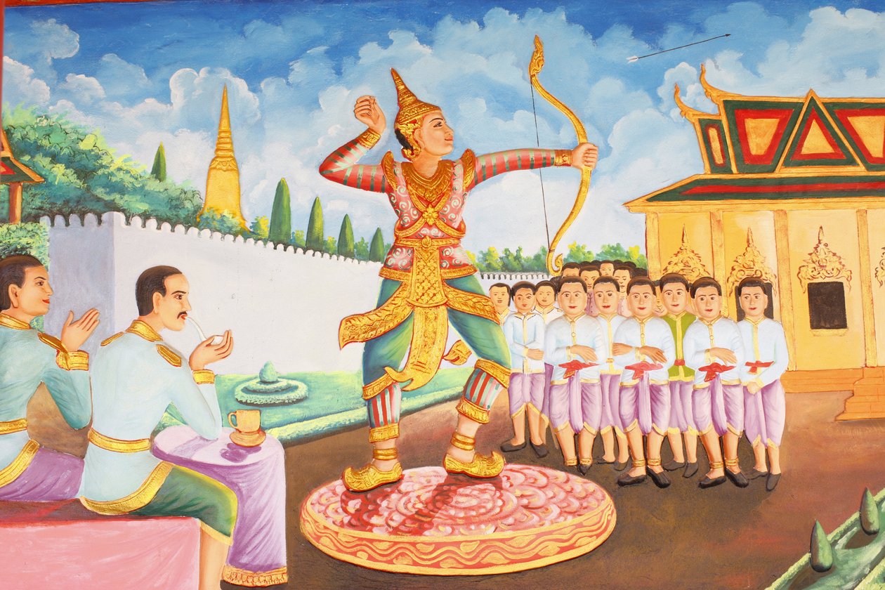 Preah Prom Rathin luostari Buddhan elämä Prinssi Siddhartha Gautamasta tuli miekkailun, painin ja jousiammunta, Siem Reap, Kambodža tekijältä Unbekannt