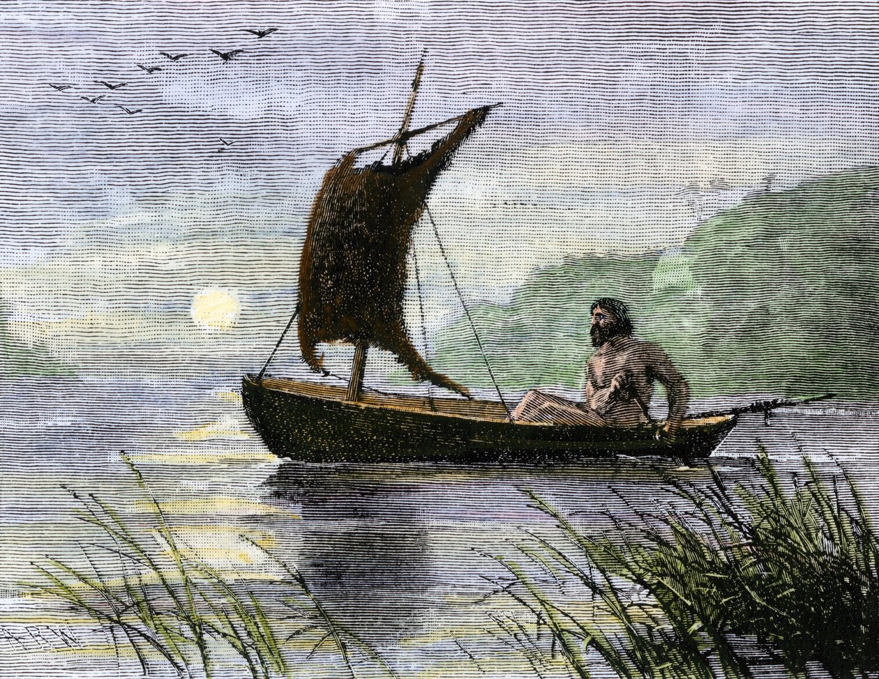 Esihistoriallinen navigointi, soutukanootti, jossa on eläinten nahasta valmistettu purje. tekijältä Unbekannter Künstler