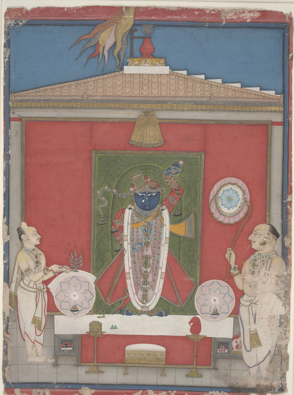 Pappi palvomassa Shri Nathajin kuvaa, 1800-luvun puoliväli (läpinäkymätön akvarelli paperilla) tekijältä Unbekannter Künstler