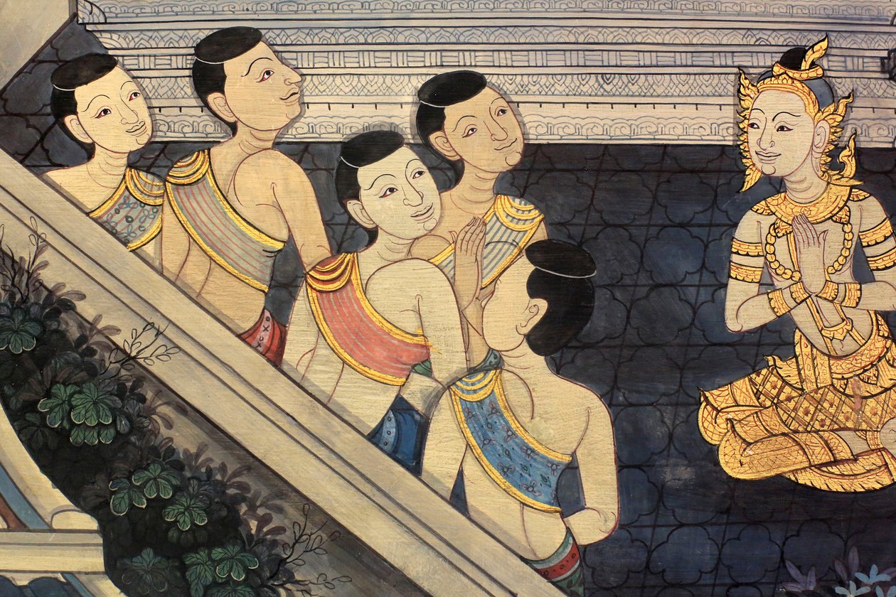 Prinssi Rama. Viharan sisäseinien seinämaalausyksityiskohta kuningas Rama III:n aikakaudelta, joka kuvaa Ramakienia. Wat Pho - Wat Phra Chetuphon. 1788. Bangkok. Thaimaa tekijältä Unbekannt