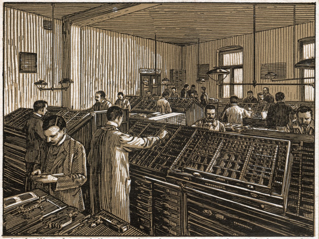 Kirjapaino Budapestissa. (kaiverrus, n. 1910) tekijältä Unbekannter Künstler