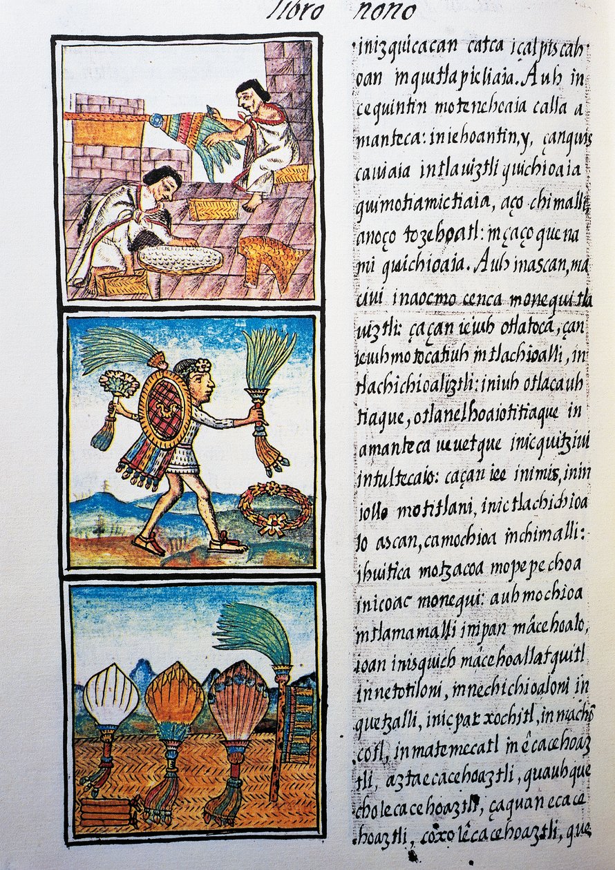Höyhenten käsittely, teksti nahuatiksi, faksimilesta Bernardino de Sahagunin käsikirjoituksesta General History of Things of New Spain, joka tunnetaan myös nimellä Florentine Codex tekijältä William M. Timlin