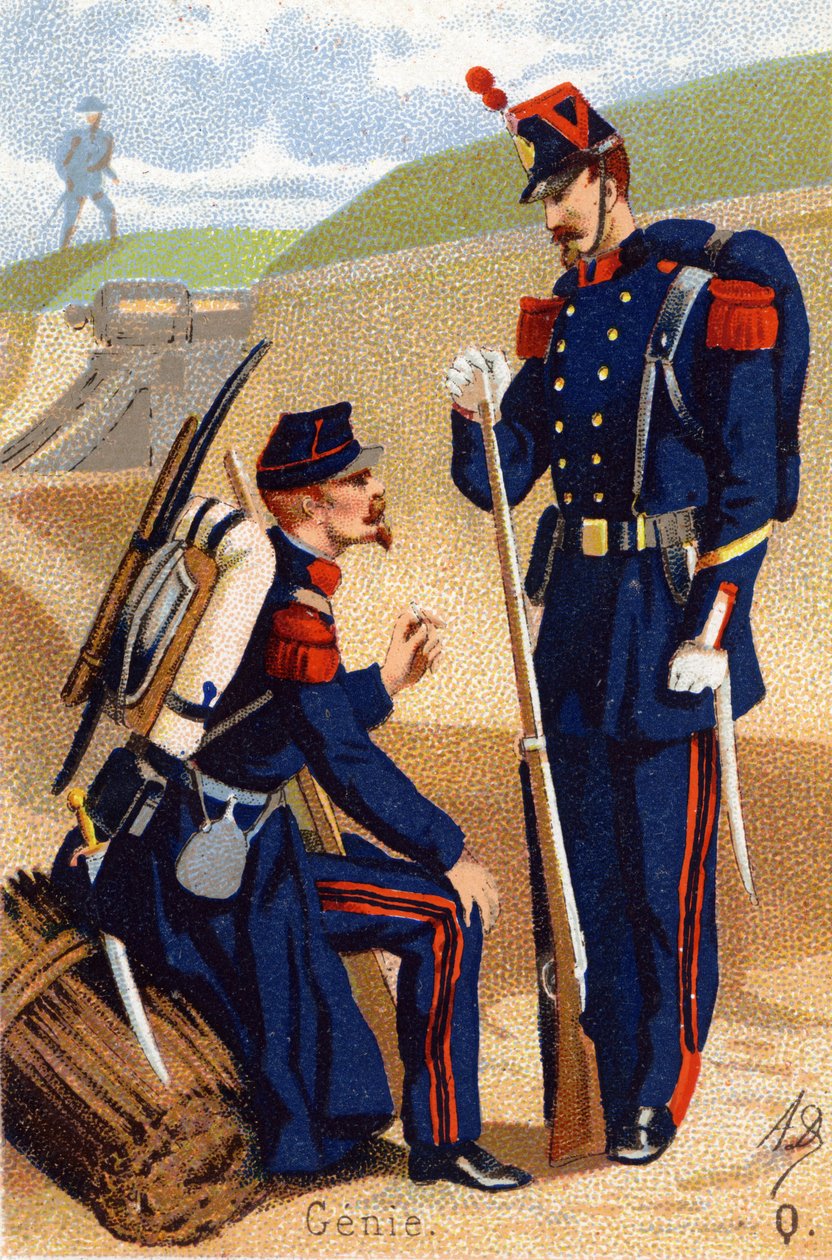 K: Genie. Kaiverrus "Military Alphabet" -kirjaimella. Kuvittajan nimikirjaimet: A. D. Tuntematon kustantaja. Kromolitografiat 1800-luvun lopulla. Mitat: 10,5 x 7 cm. tekijältä Unbekannt