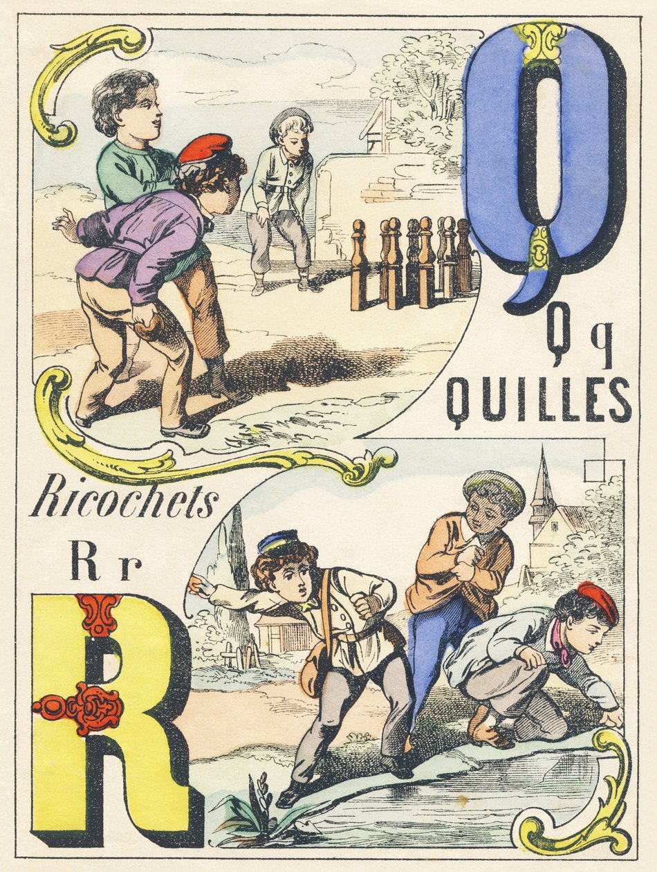 Q R: keilarit, rikosetit - Games Alphabet, n. 1890 (kuva) tekijältä Unbekannt