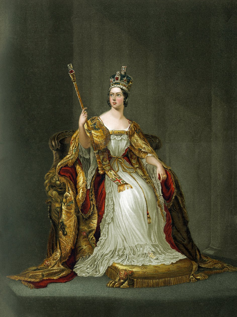 Englannin kuningatar Victoria kruunajaispuvussaan vuonna 1837. tekijältä Unbekannter Künstler