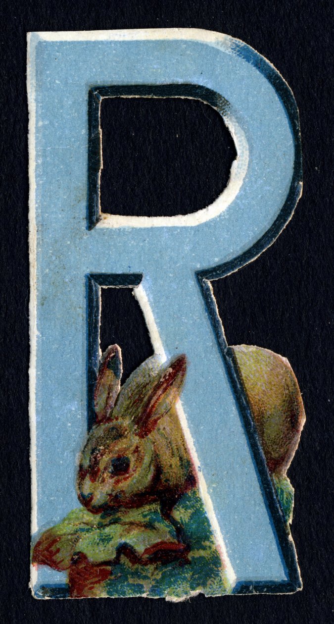 R kuin Rabbit. Beetle decoupis eläinten teemalla. Kaiverrus. Englanninkielisen 26 vohvelikromolitografian sarja. Toimittaja ja kuvittaja tuntematon. 1800-luvun loppu. Mitat: 5,5 x 3,5 cm tekijältä Unbekannt