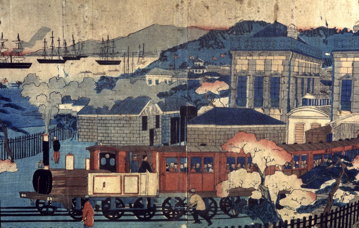 Rautatie japanilaisessa satamassa, 1800-luvun loppu (kaiverrus) tekijältä Unbekannter Künstler
