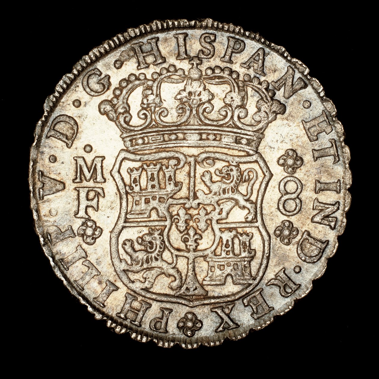 Harvinainen hopeakolikko, Espanjan Amerikan kuningas Ferdinand VI, 8 Reale, kruunattu kilpi ja Espanjan vaakuna 1740 (kuva) tekijältä Unbekannter Künstler