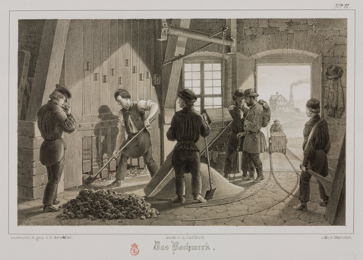 Raaka-aineiden prosessointi, metallurgia, malmin haukkuminen, Saksa, n. 1851 tekijältä Unbekannt