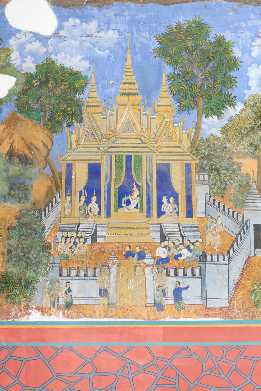 Reamker-freskot koristavat kuninkaallisen palatsikompleksin seiniä Phnom Penhissä, Kambodžassa (kuva) tekijältä Unbekannter Künstler