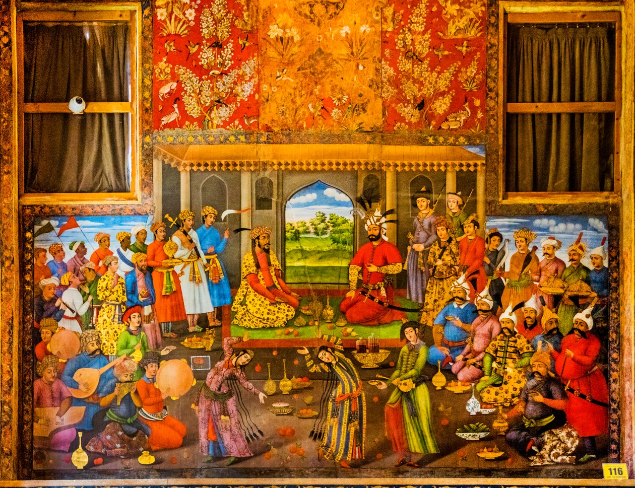 Mughalin hallitsijan Humayunin vastaanotto 1544, freskoja hovikohtauksilla ja taistelukohtauksilla, Chehel Sotounin palatsi, Isfahan, Isfahan, Iran, Aasia (kuva) tekijältä Unbekannter Künstler