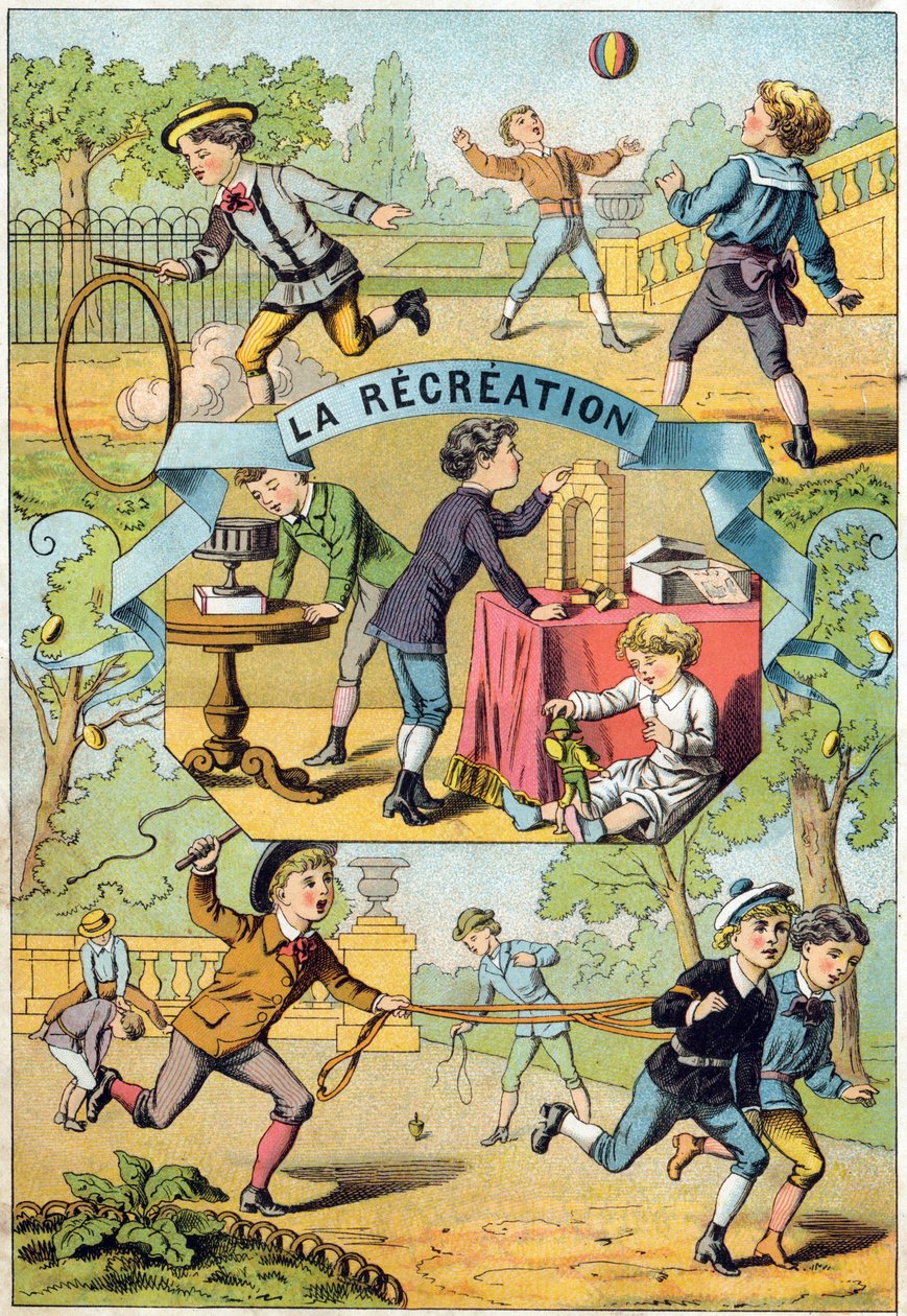 Virkistystä koulun pihalla. Kaiverrus "Alphabet des petits ecoliers". Epinalin kuva, noin 1885. Privee Collection tekijältä Unbekannt
