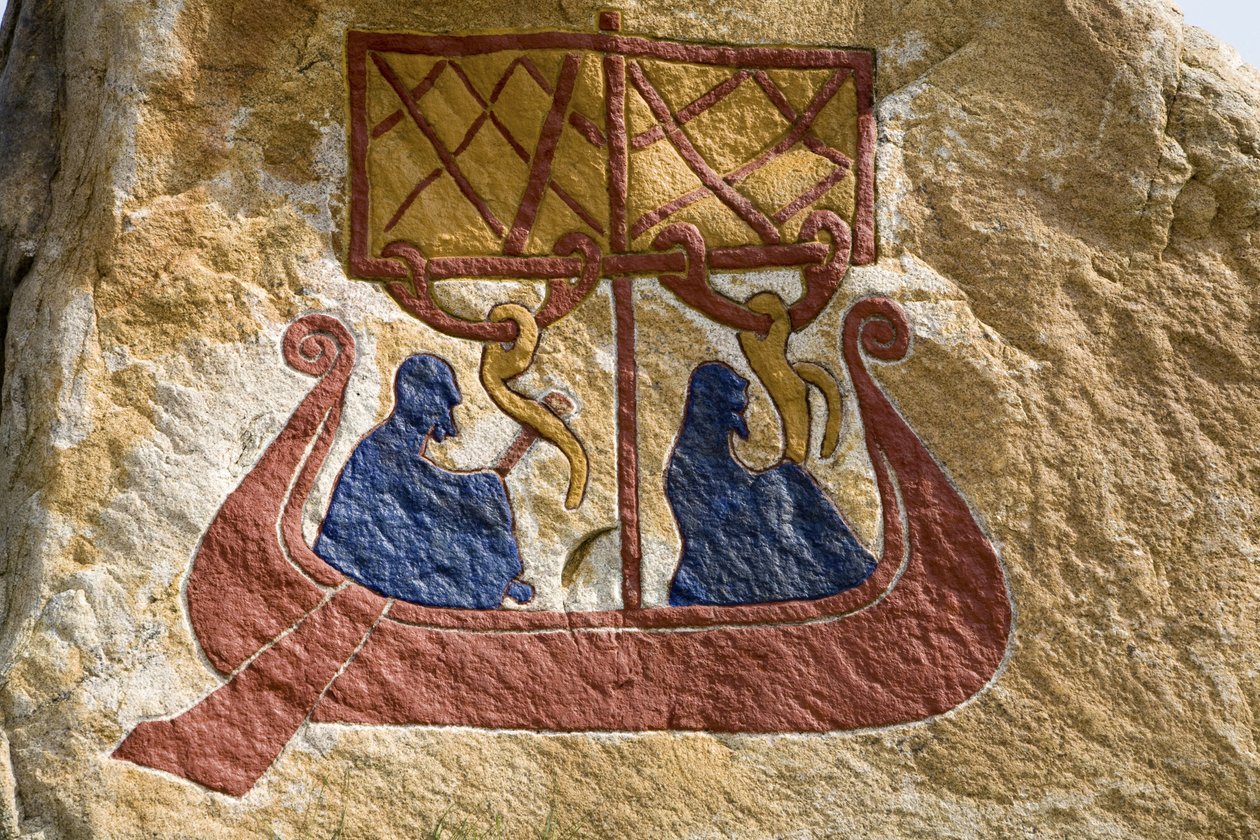 Drakkar (viikinkilaiva) Viking Rune rekisteröinti ja edustaminen. Viikinkimuseo, Bork Ringkoebing Fjordilla, Tanska tekijältä Unbekannter Künstler