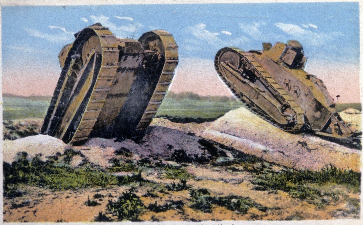 Renault-panssarivaunuja, n. 1910 (postikortti) tekijältä Unbekannter Künstler