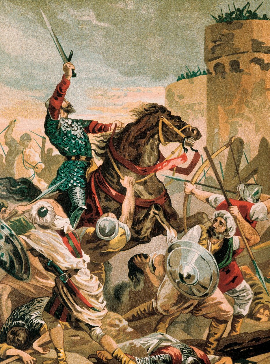 Cid, Rodrigo Diaz de Vivar (1043-1099), espanjalainen ritari, Reconquistan sankari Valencian piirityksen aikana saraseeneja vastaan vuonna 1099. tekijältä Unbekannter Künstler