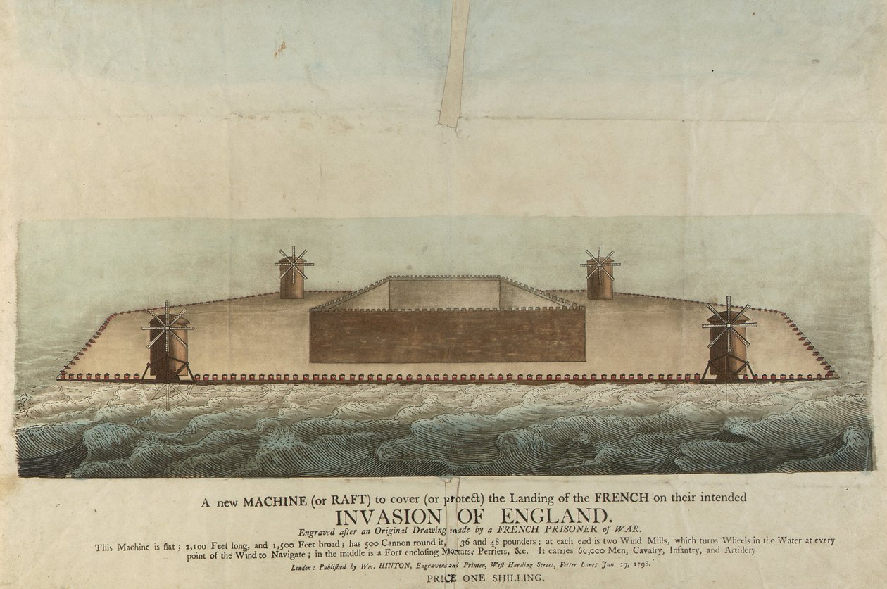 Kuva ranskalaisesta lauttasta, jonka oletettiin hyökkäävän Isoon-Britanniaan vuonna 1798 (kaiverrus). tekijältä Unbekannter Künstler