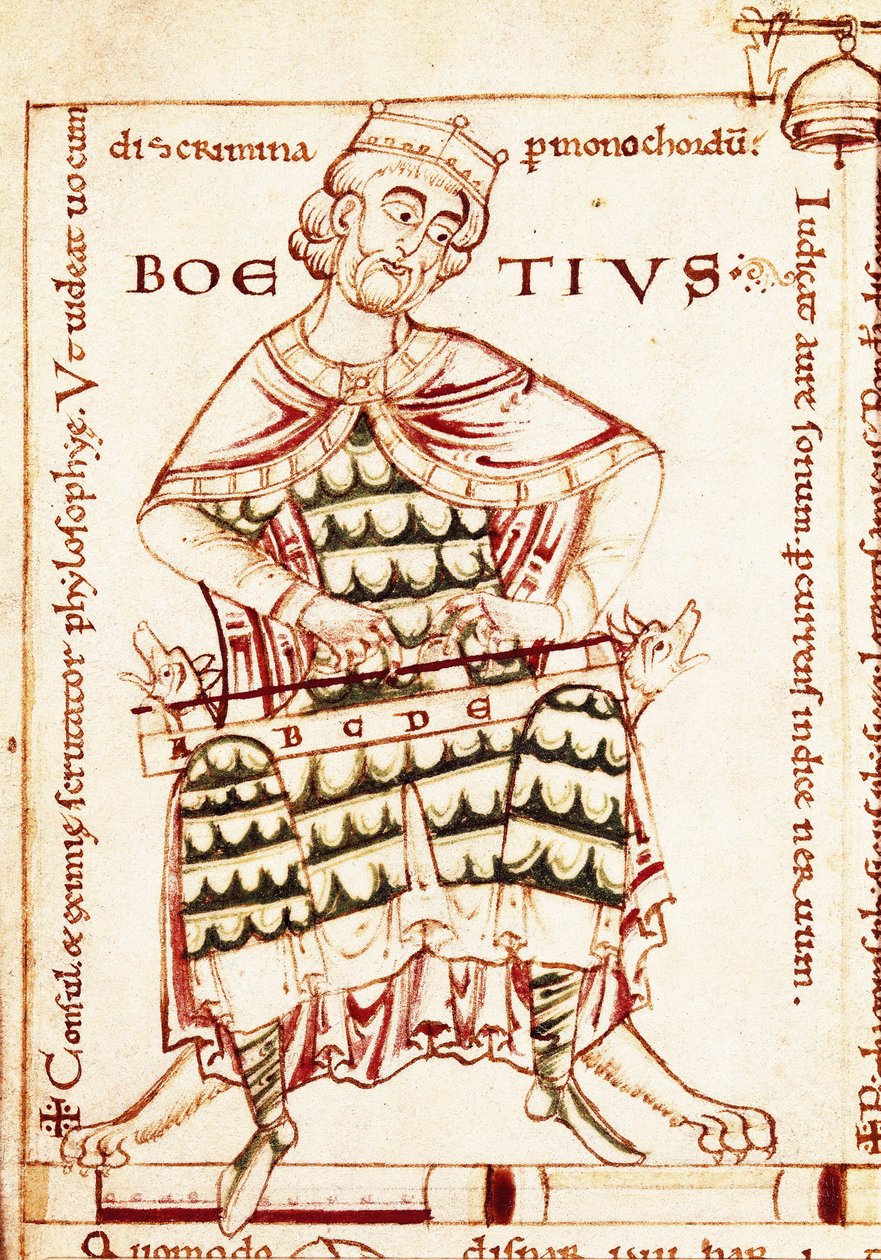 Latinalaisen filosofin Boecen (Anicius Manlius Severinus Boetius tai Boethius) (480-524) esitys, jolla on soitin kädessään (musiikkitutkistelu). Miniatyyri Canterburyn käsikirjoituksesta. tekijältä Unbekannt