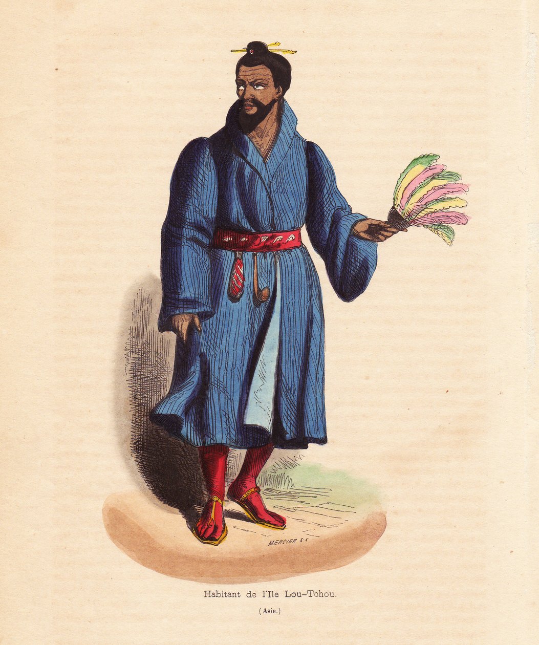 Ryu Kyu -saarten (Okinawa, Japani) asukas - Lou-Tchou-saarten (RyukYu-saaret tai nykyinen Okinawa) mies - Mercierin käsin värjätty puupiirros teoksesta "Habits, Uses et Costumes de tous les Peuples du Monde, Asie", jonka on tehnyt Auguste Wahlen, salanimi  tekijältä Unbekannter Künstler