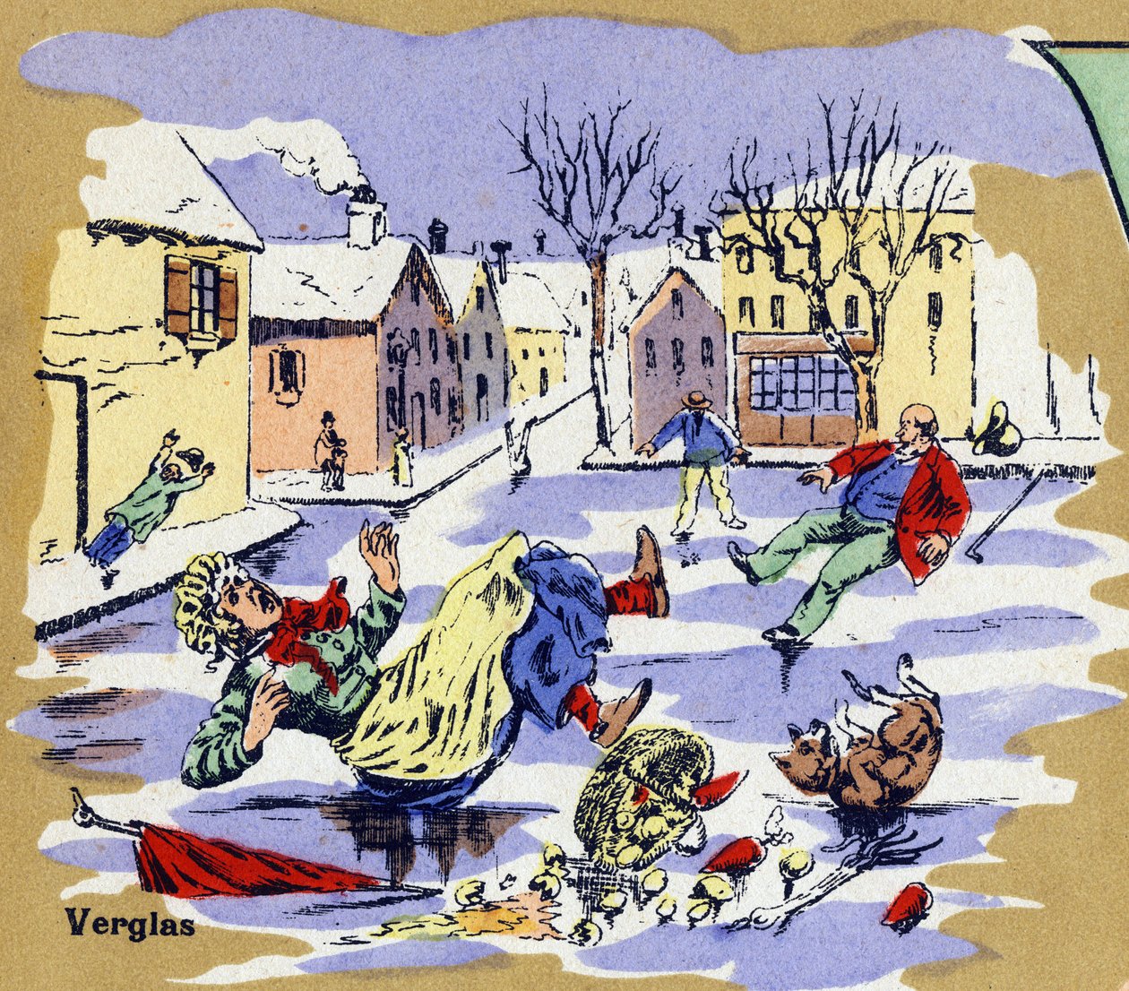 Kylän asukkaat liukastumassa jäällä talvella. Kuvitettu aakkoset. Kuvat yhdistyivät Jarville-Nancyssa 1900-luvun alussa. Mitat: 40 x 29 cm. Litografia bistre-taustalla tekijältä Unbekannt