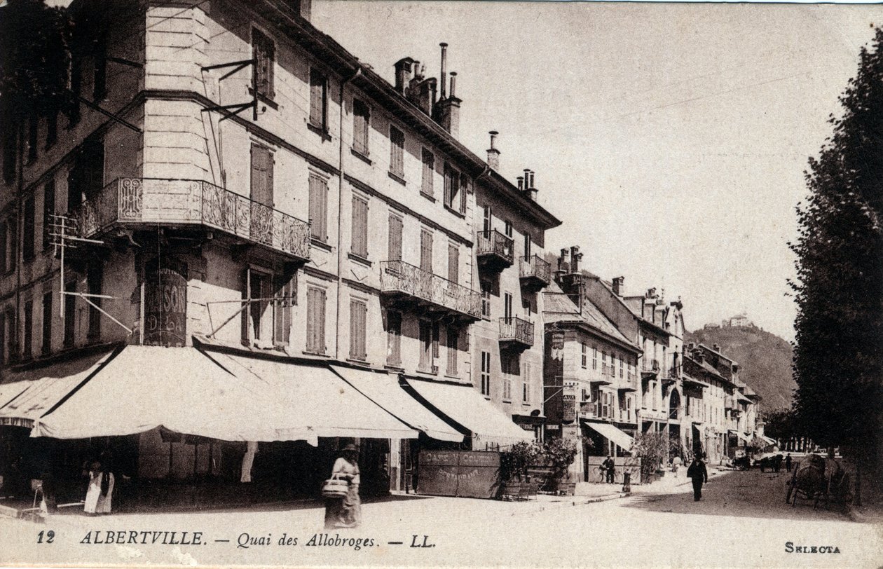 Rhône Alpes, Savoie (73), Albertville: näkymä Quai des Allobrogesille - Postikortti 1800-1900-luvun lopulla tekijältä William M. Timlin