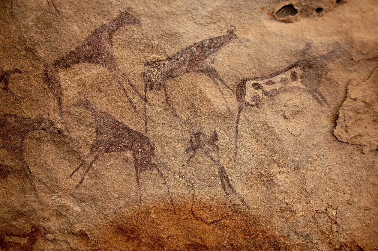 Kalliotaide, esihistoria: Kalliomaalaus karjaryhmästä ja monivärisistä hahmoista koristeellisessa suojissa Uweinatin vuoristossa, Sudanissa. Ajanjakso 8000-3000 vuotta eKr. Valokuvaus tekijältä Unbekannt