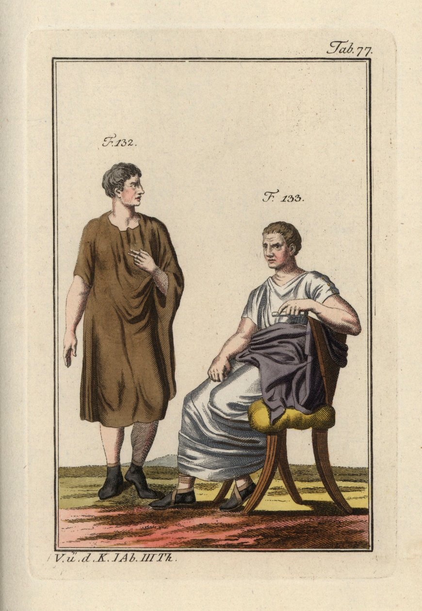 Roomalainen mies, jolla on paenula, ja istuva roomalainen senaattori. Käsinväritetty kuparikaiverrus Robert von Spalartin teoksesta "Historical Picture of the Costumes of the Principal People of Antiquity and of the Middle Ages" (1798). tekijältä Unbekannter Künstler