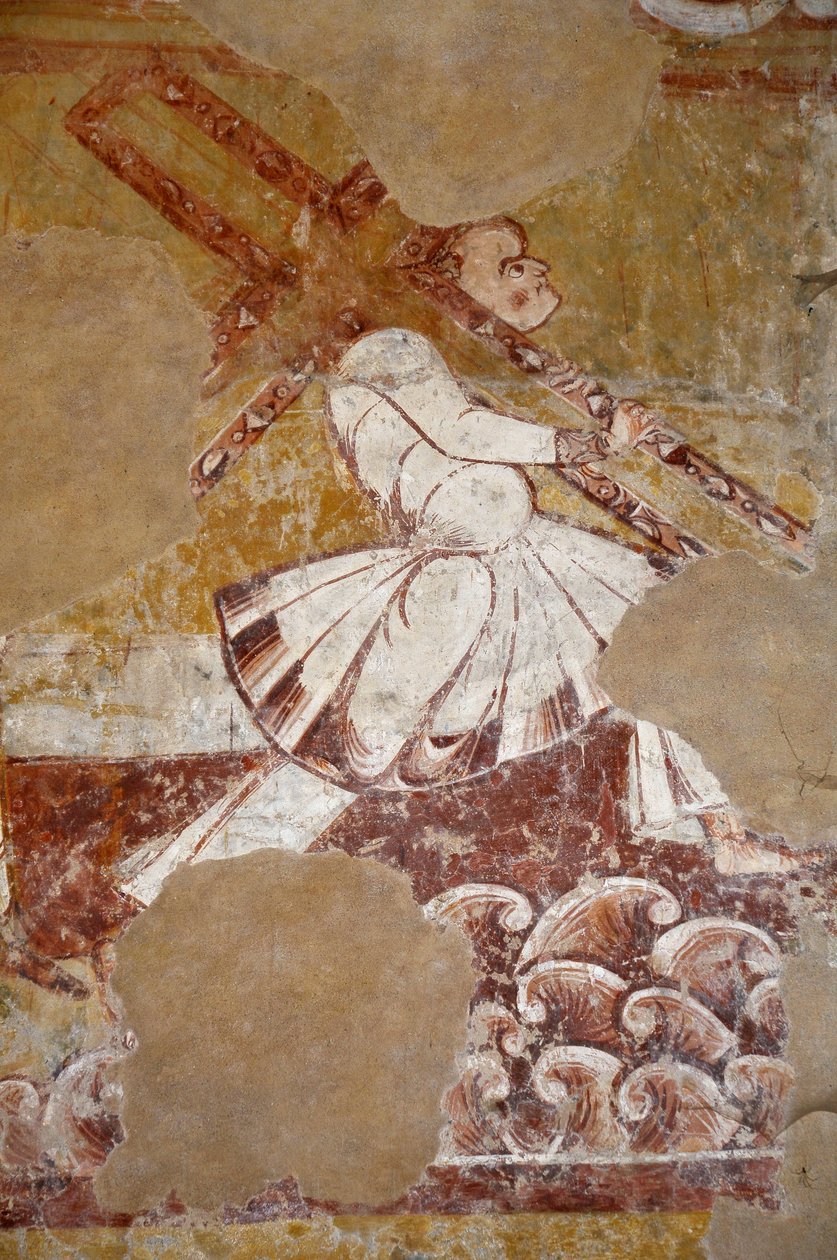 Romaaninen taide: Simon Cypere kantaa Kristuksen ristiä. Yksityiskohta kuoron freskoista "La vie du Christ" (1200-luvulta) Saint Martinin kirkosta (Saint Martin). tekijältä Unbekannter Künstler