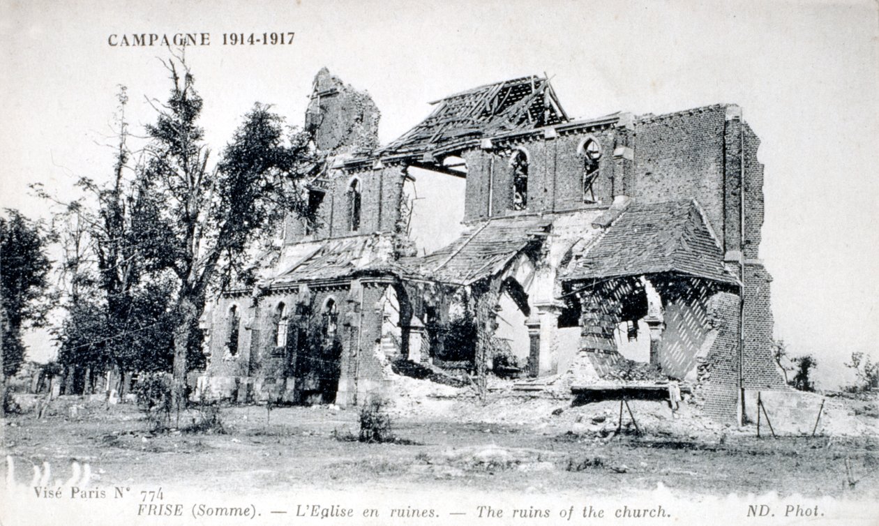 Frisen kylän kirkon rauniot, Somme, Ranska 1914-1918 (postikortti) tekijältä Unbekannter Künstler