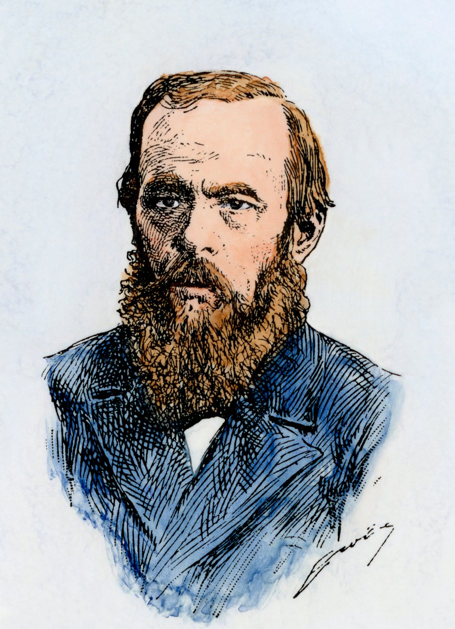 Venäläinen kirjailija Fjodor Dostojevski (1821-1881). Käsinväritetty puupiirros 1800-luvun kuvituksesta. tekijältä Unbekannter Künstler