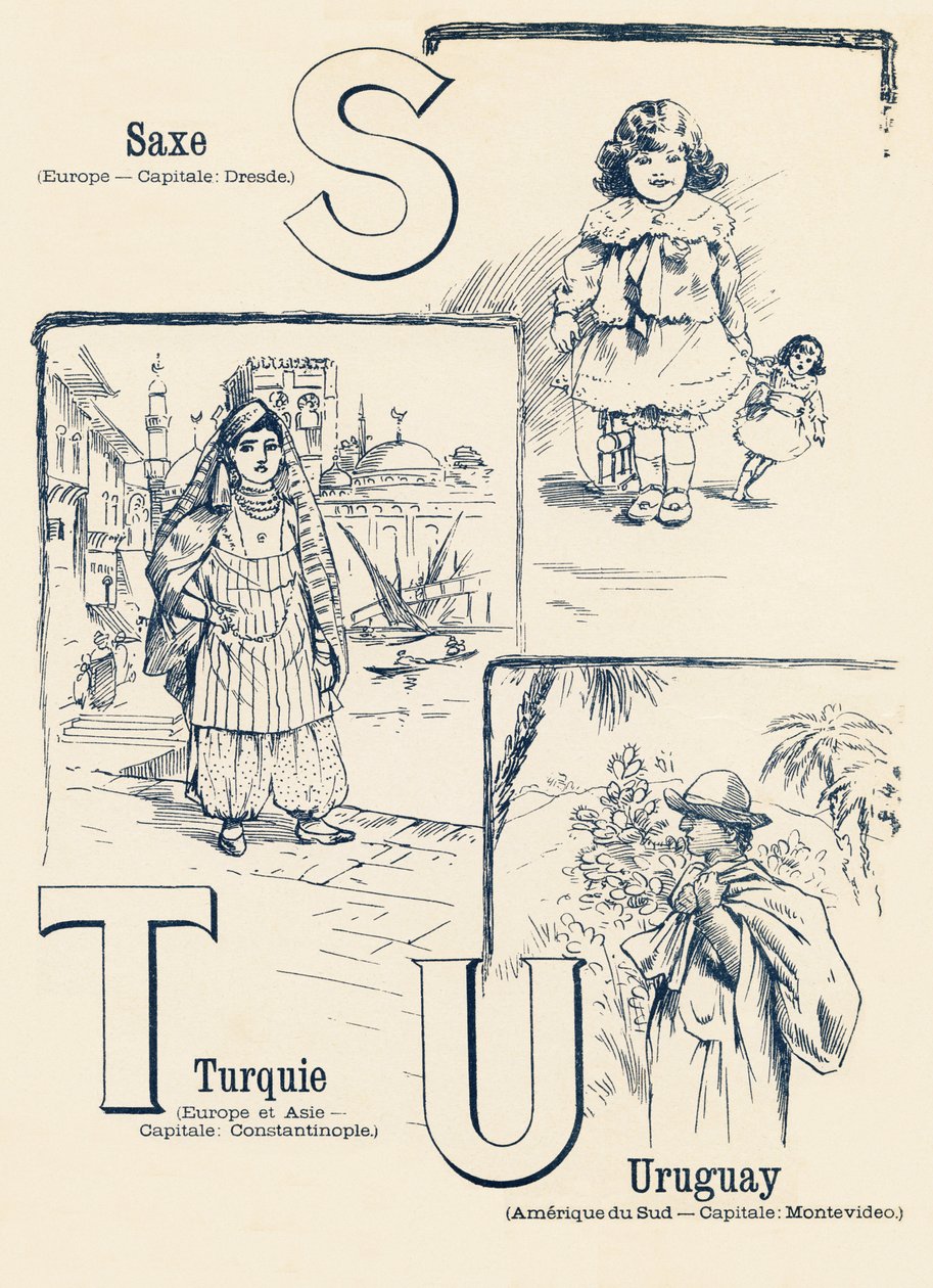 S T U: Saksi, Turkki, Uruguay - kahden maailman ABC. Emile Guerin, kustantaja, Pariisi, noin 1900. Mitat: 27,5 x 21,5 cm tekijältä Unbekannt