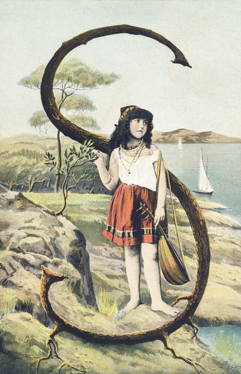 S: Nuori tyttö, jolla on lyhyt hame ja hihaton liivi, pitää mandoliinia vasemmassa kädessään. Maalaissisustus - Aakkosmerkit Ref Th. E., L. Theochrom - Serie 994. Theodor Eisman, kustantaja, Leipzig tekijältä Unbekannt