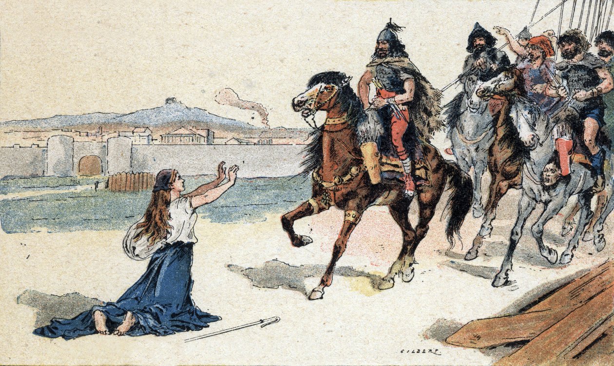 Pyhä Genevieve (422-502) hunnien kuninkaan Attilan edessä - Barbaarien hyökkäykset - Camille Gilbertin kuvitus vuodelta 1890 (kaiverrus) tekijältä Unbekannt