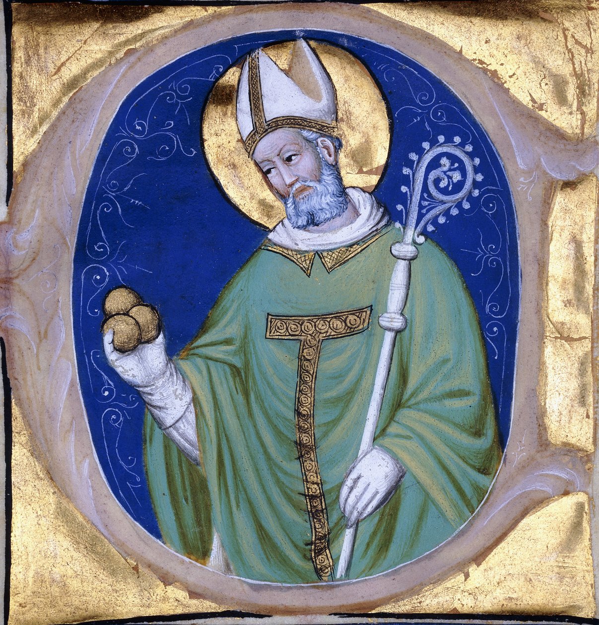 Saint Nicolas of Myra, historiallinen alkukirjain "C", valaistusta kuorokirjasta perunakalvolla, n. 1400 tekijältä Unbekannt
