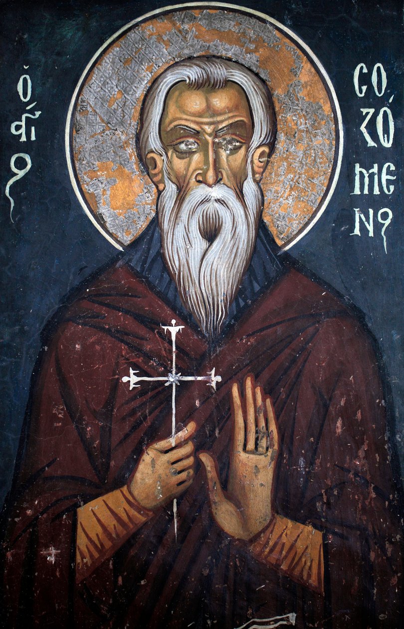 Saint Sozomene, bysanttilainen fresko 1300-luvun Nathexista, itäseinä Phorbiotissa Neitsytkirkko, Asinou Unescon sivusto Troodosin alue, Kypros tekijältä Unbekannt