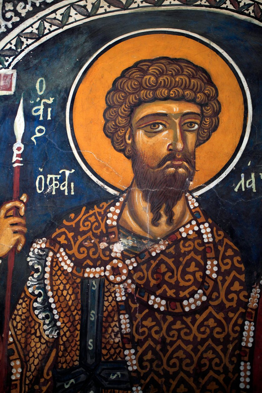 Saint Theodore Stratelates: Bysanttilainen fresko 1300-luvulta (1332) Phorbiotissa Neitsytkirkko, Asinou Kypros Maalatut kirkot Unescon sivusto Troodos, Kypros tekijältä Unbekannt