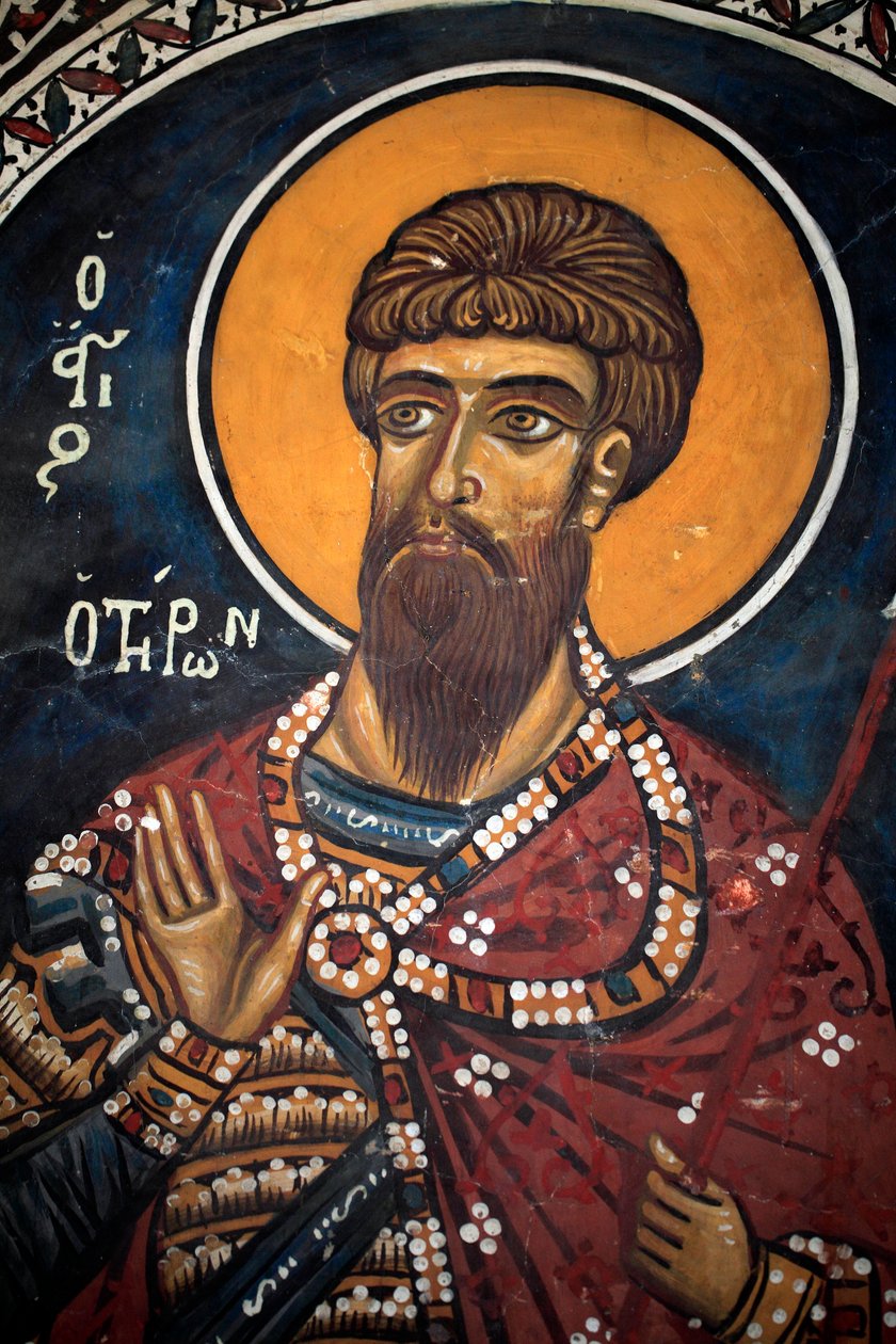 Saint Theodore Tiron: Bysanttilainen fresko 1300-luvulta (1332) Phorbiotissa Neitsytkirkko, Asinou Kypros Maalatut kirkot Unescon sivusto Troodos, Kypros tekijältä Unbekannt