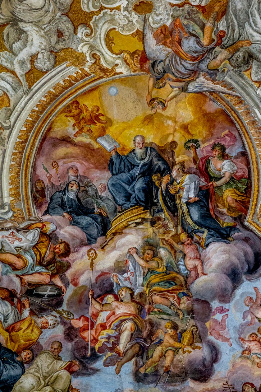 San Benedetto (St Benedict) kirkko, Catania, Sisilia (Italia). Kattofreskon yksityiskohta (1700-luku). Pyhä Benedict. (kuva) tekijältä Unbekannt