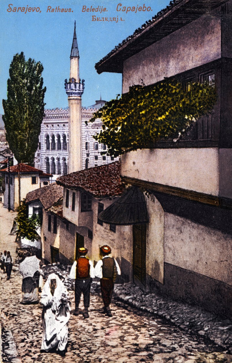 Sarajevo, Bosnia ja Hertsegovinan pääkaupunki 20. vuosisadan alussa (postikortti) tekijältä Unbekannter Künstler