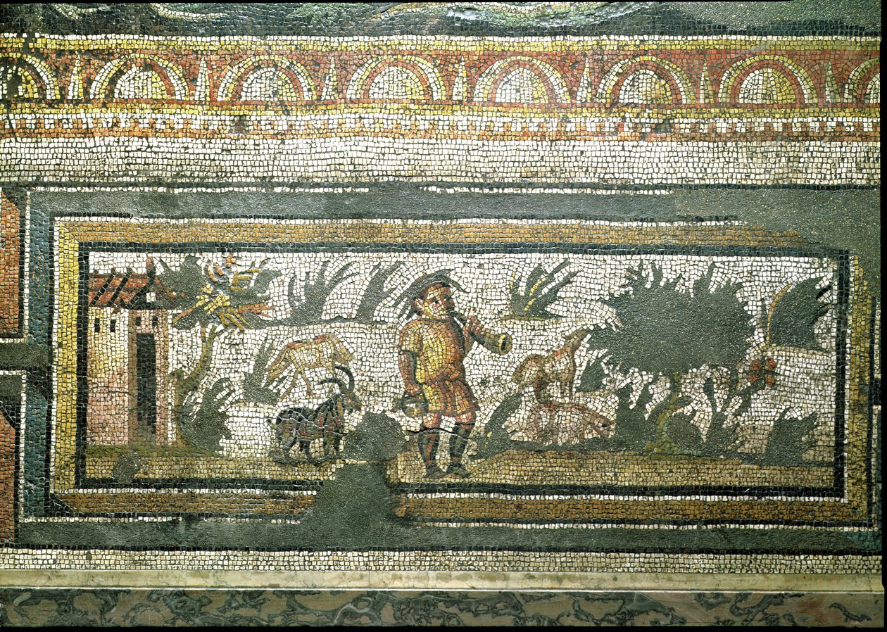 Kohtaus vuohipaimenesta vuohiensa kanssa, yksityiskohta rajausta mosaiikkikivestä, joka kuvaa vuodenaikoja ja metsästyskohtauksia, Constantinian-huvilasta Daphnessa, Roomassa, n. 325–330 jKr (marmori, kalkkikivi ja lasi) tekijältä Unbekannt