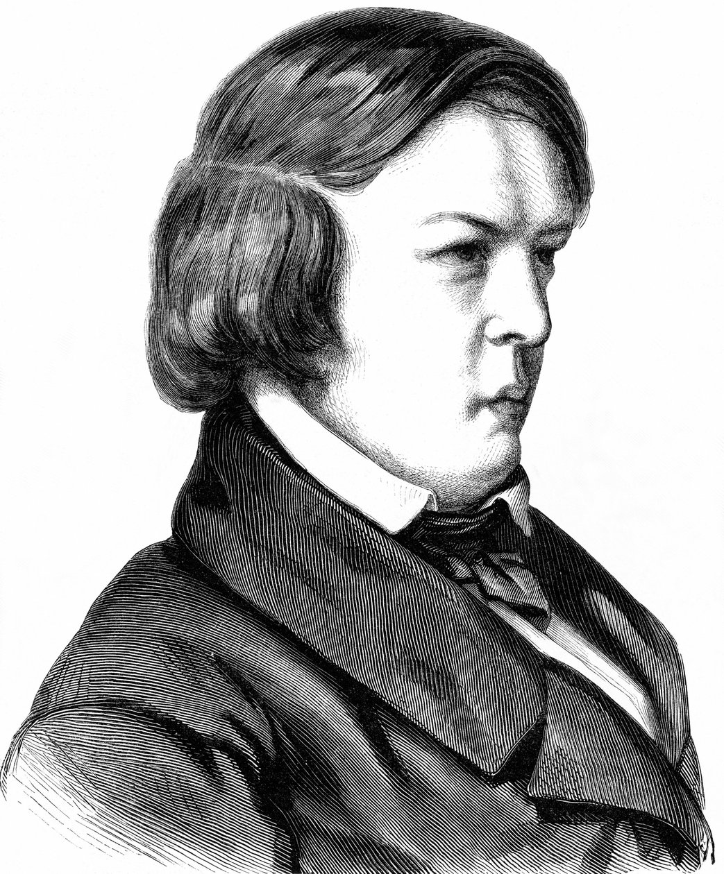 Schumann, Robert , saksalainen säveltäjä , syntynyt 08. 06. 1810 Zwickau, kuoli 29. 07. 1856 Endenich lähellä Bonnia, puukaiverrus noin 1860. tekijältä Unbekannter Künstler