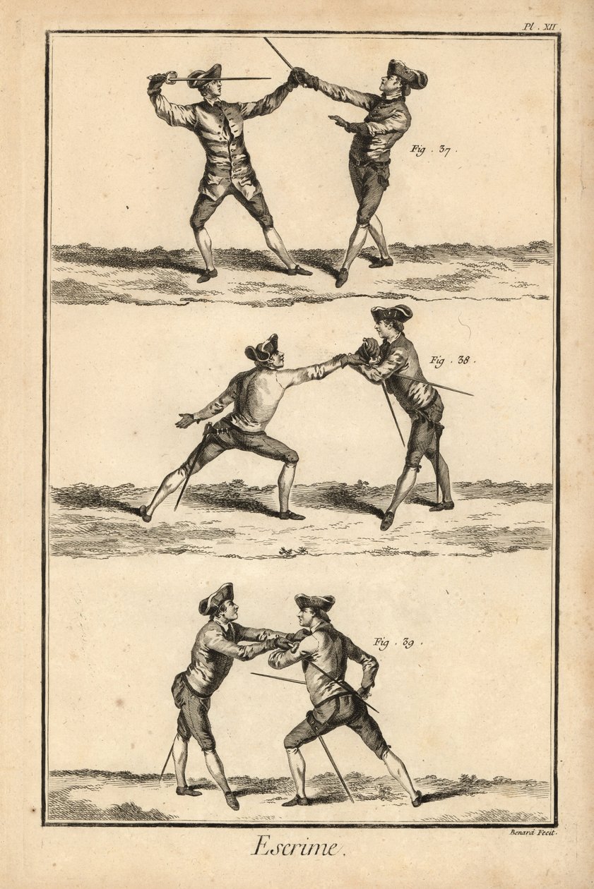 Toinen asento aseistariisunnan tierce, aseistariisunnan carte tai seconde thrust, ja toinen asento aseistariisunnan carte. Robert Benardin tekemä kuparikaiverrus Denis Diderot