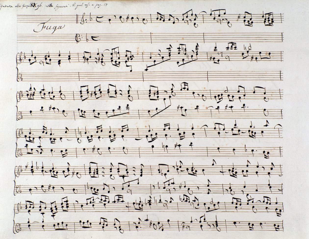 Nuottisivu Händelin fuugalle käsikirjoituksesta, joka sisältää kaksi teosta, Domenico Scarlatti ja Friedrich Händel tekijältä Unbekannter Künstler