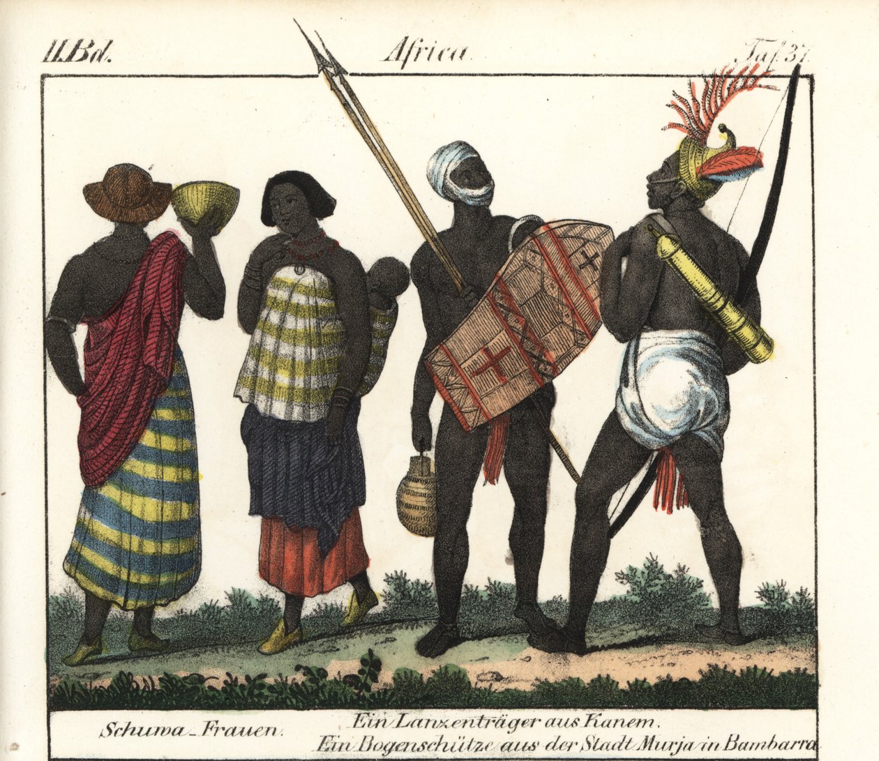 Shoua-naisia vauvan, keihään ja jousimiehen kanssa Kanemin valtakunnasta (Tšad ja Libya). Kirjan litografia: Friedrich Wilhelm Goedsche (1785-1863) "Galerie complete en tableaux fideles des peuples d