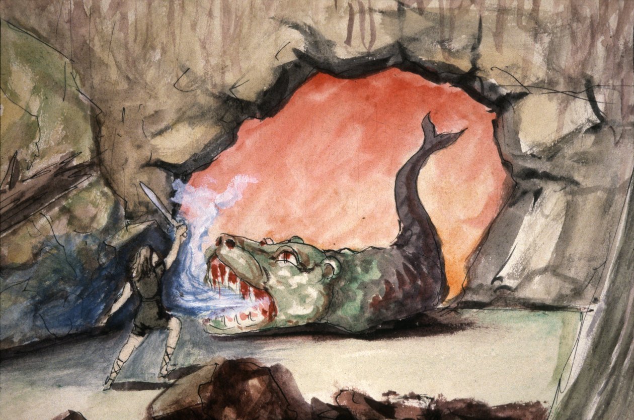 Siegfried tappaa lohikäärme Fafnerin, 1800-luvun loppupuoli (kuvitus). tekijältä Unbekannter Künstler