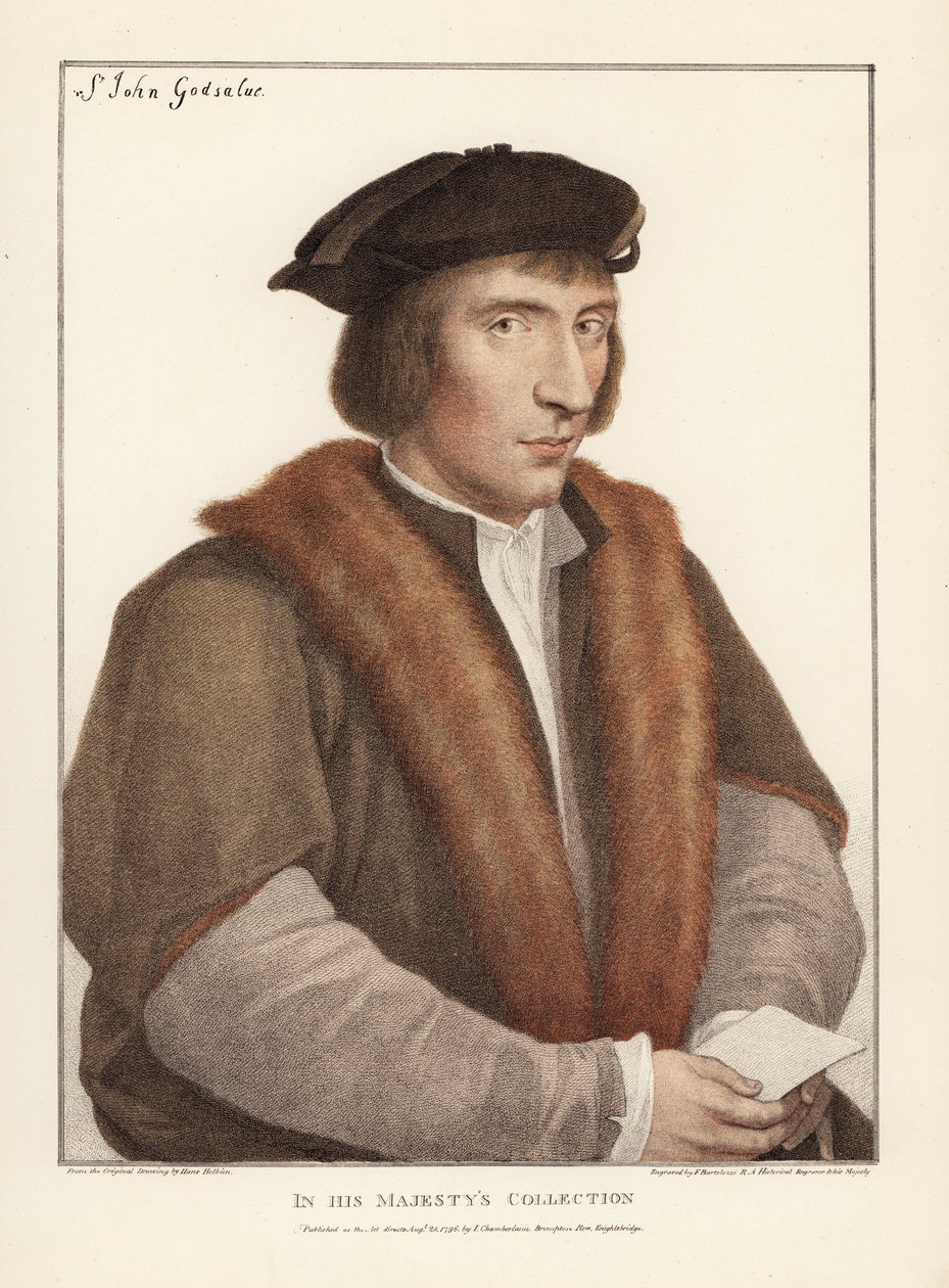 Sir John Godsalve, Norwich, Norfolk, englantilainen poliitikko (k. 1556). Francis Bartolozzin Hans Holbeinin mukaan tekemä käsin värjätty kuparipiirros Hans Holbeinin alkuperäisten piirustusten jäljennöksistä, Hamilton, Adams, Lontoo. tekijältä Unbekannter Künstler